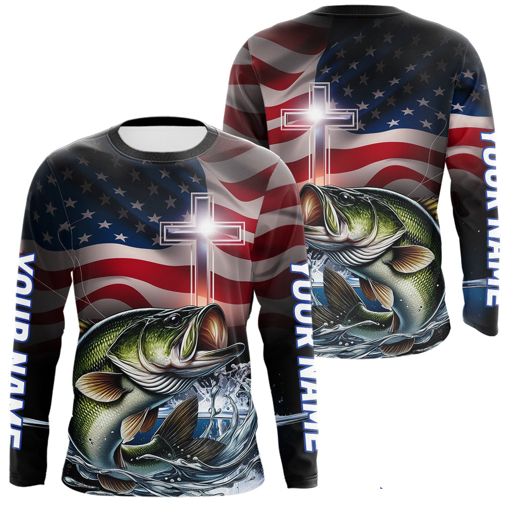 Blisscorners Custom Patrotic Largemouth Bass Long Sleeve Fishing Shirts, Faith Bass Fishing Shirt LM0607