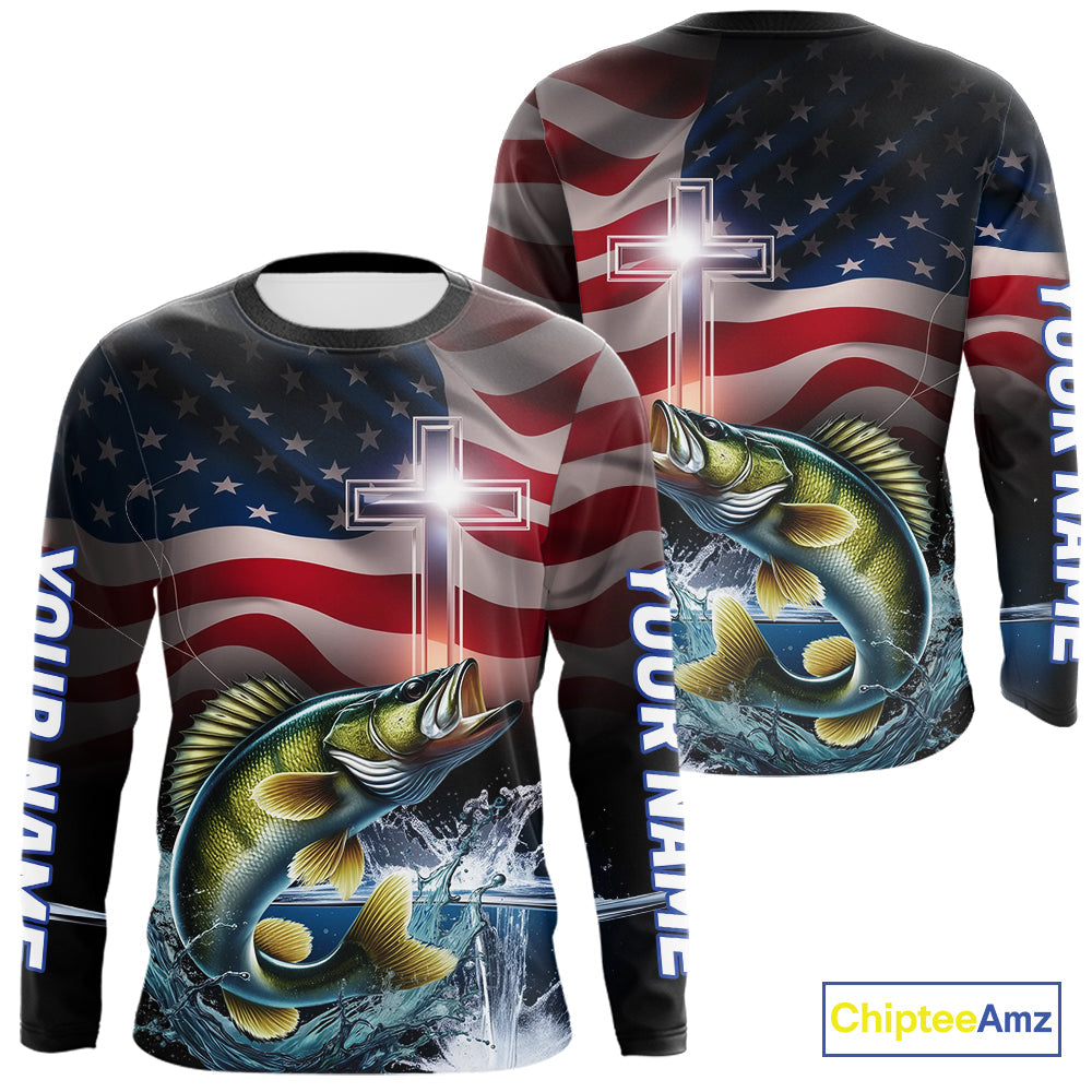 Blisscorners Custom Patrotic Walleye Long Sleeve Fishing Shirts, Faith Walleye Fishing Shirt LM0607