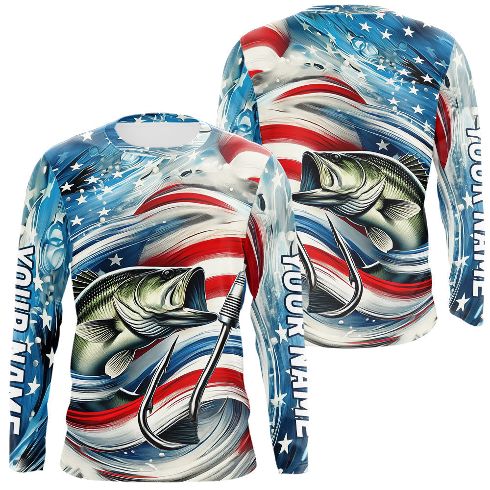 Blisscorners Custom Patriotic Amercian Flag Largemouth Bass Long Sleeve Tournament Fishing Shirts LM0607