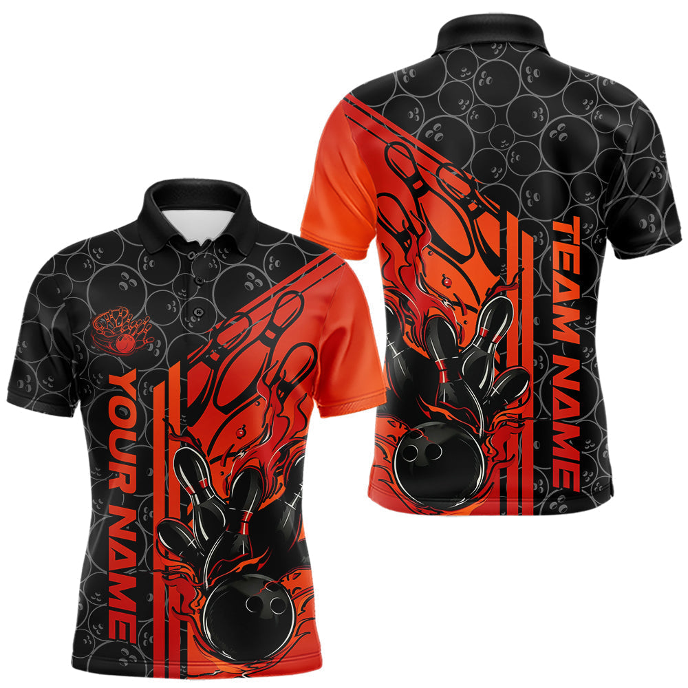 Blisscorners Custom Black And Red Orange Flame Bowling Polo Shirts For Men, Bowling Pattern Shirt