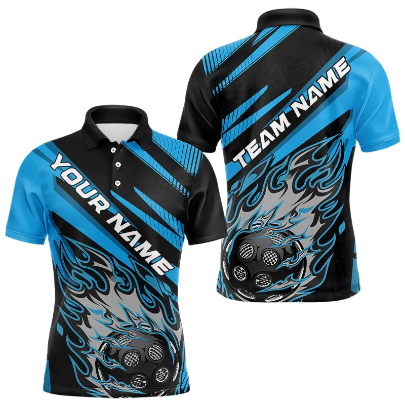 Blisscorners Black And Blue Custom Flame Pickleball Polo Shirts For Men, Pickleball Jersey LM1307