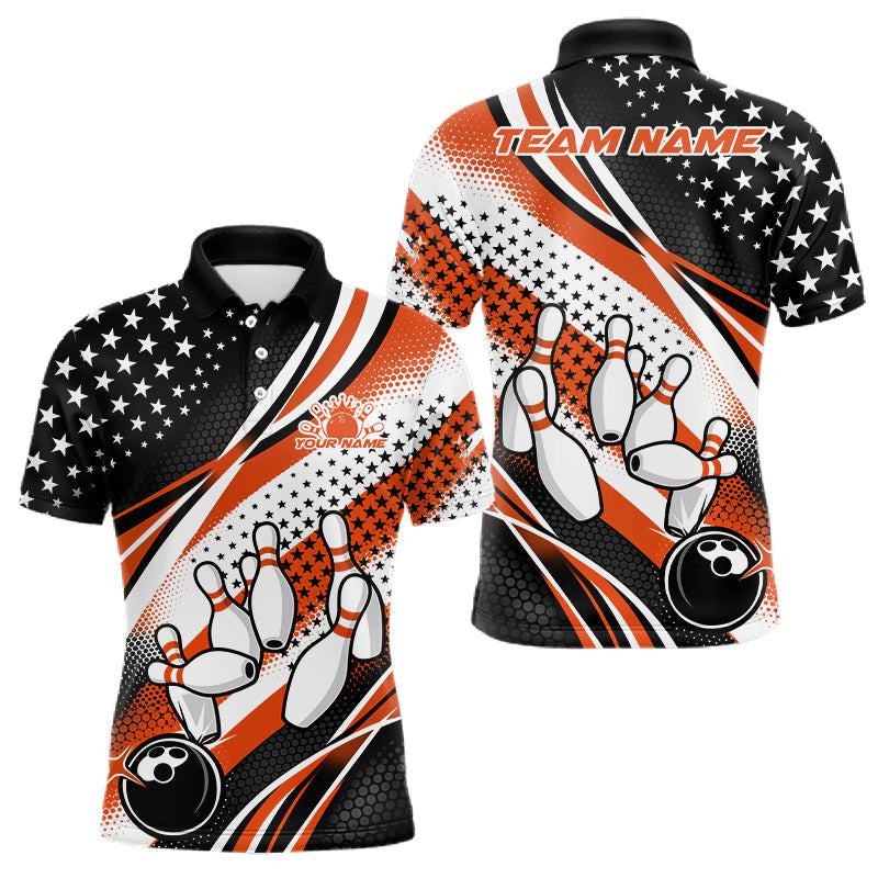 Blisscorners Custom Black And Orange American Flag Patriotic Bowling Shirts, US Flag Bowling League Shirt Bowlers Outfit LM1501