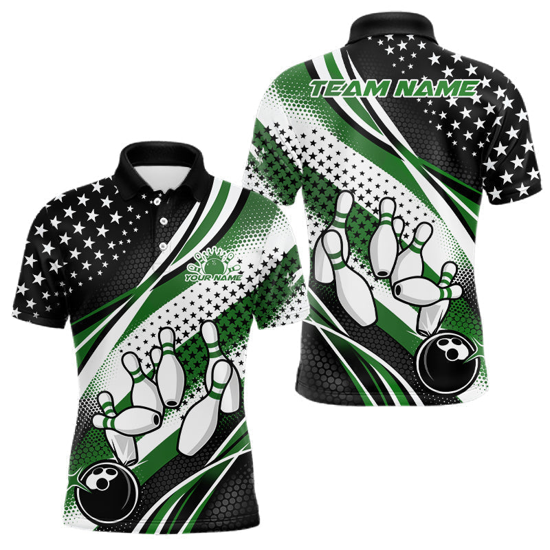 Blisscorners Custom Black And Green American Flag Patriotic Bowling Shirts, US Flag Bowling League Shirt Bowlers Outfit LM1501