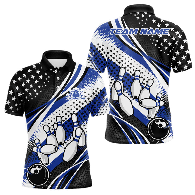 Blisscorners Custom Black And Blue American Flag Patriotic Bowling Shirts, US Flag Bowling League Shirt Bowlers Outfit LM1501