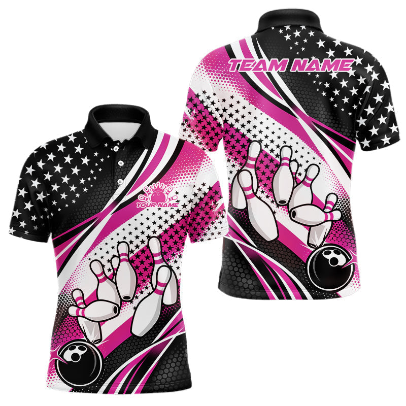 Blisscorners Custom Black And Pink American Flag Patriotic Bowling Shirts, US Flag Bowling League Shirt Bowlers Outfit LM1501