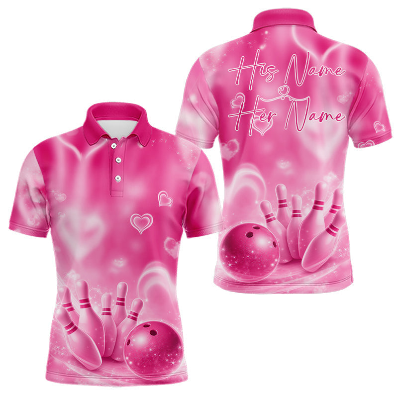 Blisscorners Custom Pink Valentine Bowling Couple Shirts, Pink Heart Theme Bowling Jerseys With His Name And Her Name LM1501