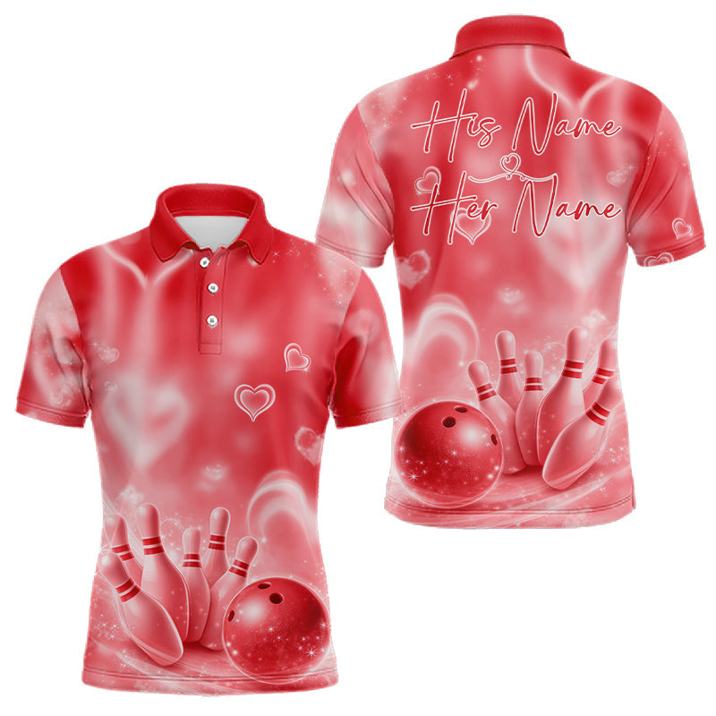 Blisscorners Custom Red Valentine Bowling Couple Shirts, Red Heart Theme Bowling Jerseys With His Name And Her Name LM1501