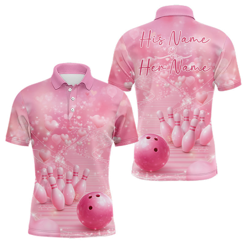 Blisscorners Custom Pink Valentine Bowling Shirts For Couple, Heart Theme Bowling Jerseys With His Name And Her Name LM1501