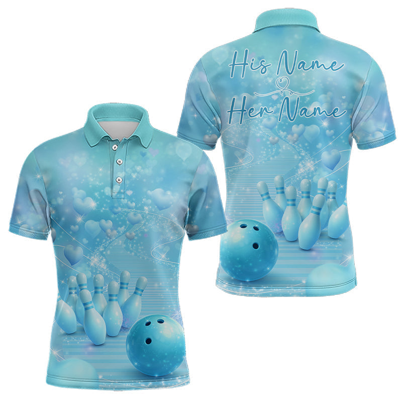 Blisscorners Custom Blue Valentine Bowling Shirts For Couple, Heart Theme Bowling Jerseys With His Name And Her Name LM1501