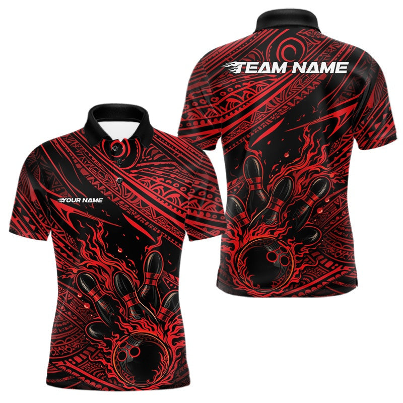 Blisscorners Custom Black And Red Tribal Flame Bowling Ball Bowling Team Shirts, Polynesian Bowling Tournament Shirt LM1501