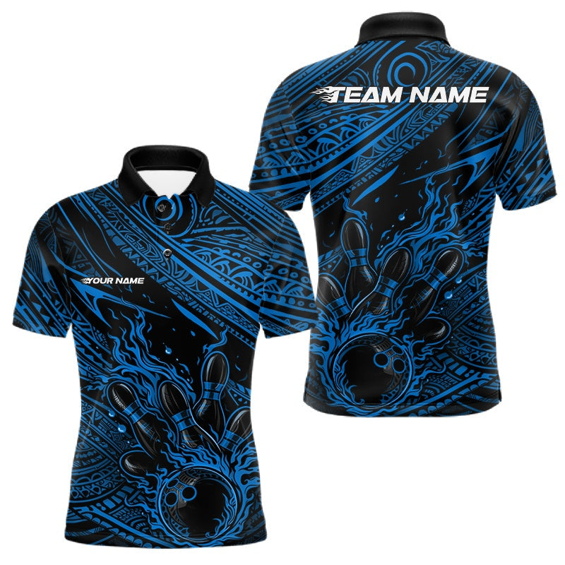 Blisscorners Custom Black And Blue Tribal Flame Bowling Ball Bowling Team Shirts, Polynesian Bowling Tournament Shirt LM1501