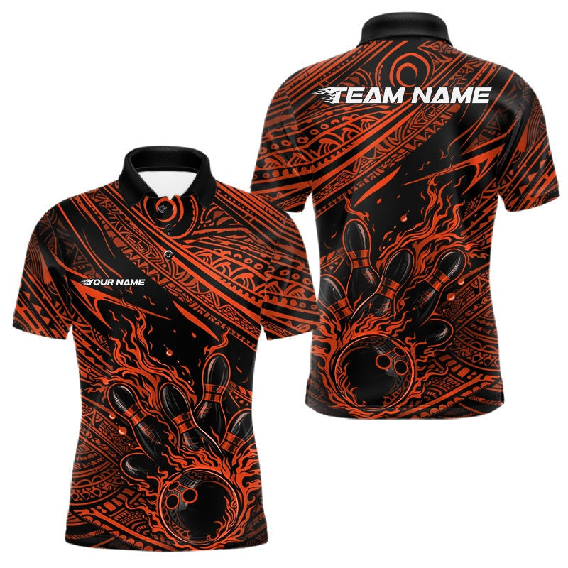 Blisscorners Custom Black And Orange Tribal Flame Bowling Ball Bowling Team Shirts, Polynesian Bowling Tournament Shirt LM1501