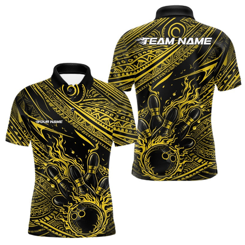 Blisscorners Custom Black And Yellow Tribal Flame Bowling Ball Bowling Team Shirts, Polynesian Bowling Tournament Shirt LM1501