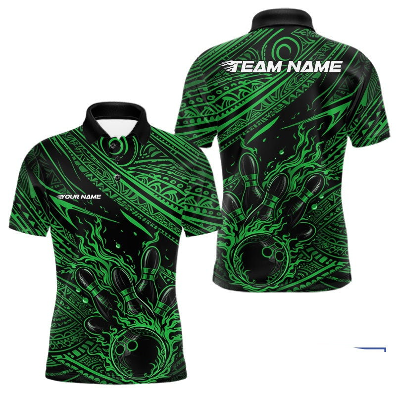 Blisscorners Custom Black And Green Tribal Flame Bowling Ball Bowling Team Shirts, Polynesian Bowling Tournament Shirt LM1501