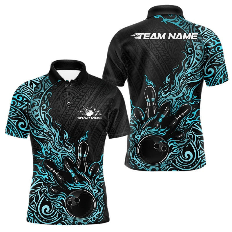 Blisscorners Custom Black And Blue Tribal Flame Bowling Ball Bowling Team Shirts, Polynesian Bowling Tournament Shirt 3 LM1501