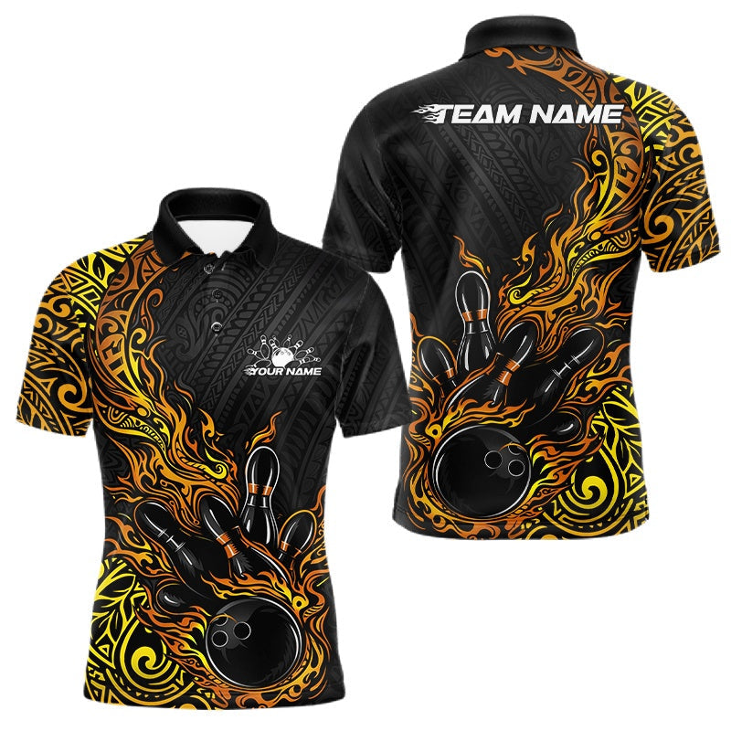 Blisscorners Custom Black And Gold Tribal Flame Bowling Ball Bowling Team Shirts, Polynesian Bowling Tournament Shirt LM1501