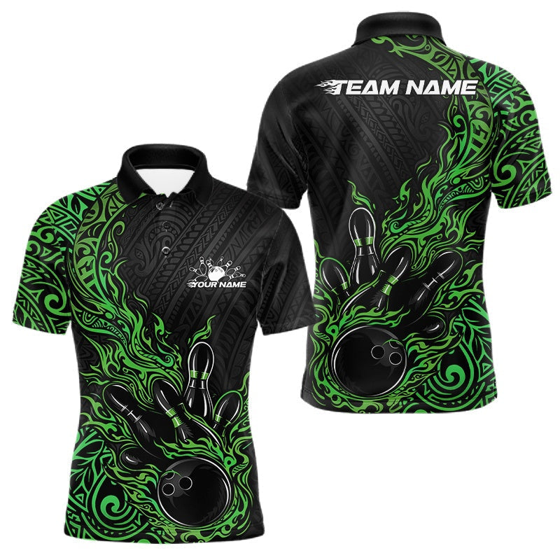 Blisscorners Custom Black And Green Tribal Flame Bowling Ball Bowling Team Shirts, Polynesian Bowling Tournament Shirt 2 LM1501