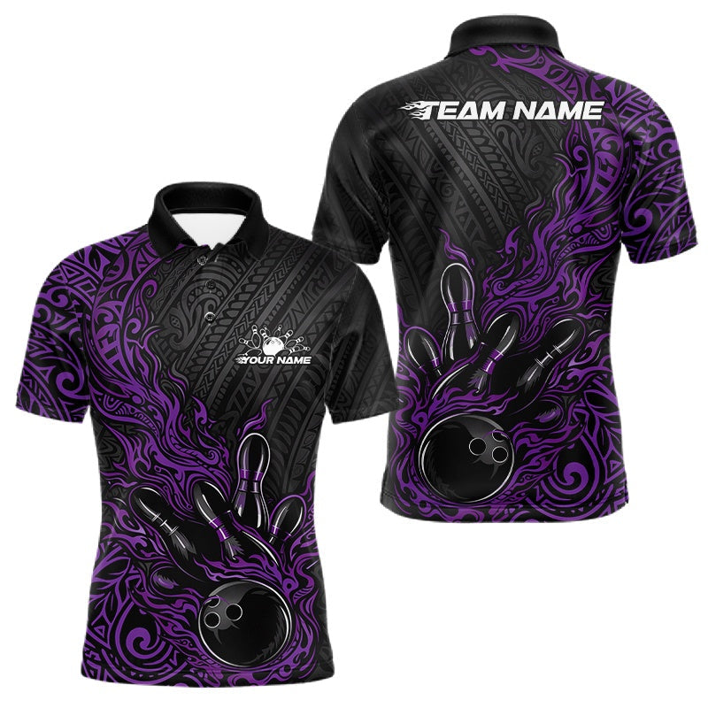 Blisscorners Custom Black And Purple Tribal Flame Bowling Ball Bowling Team Shirts, Polynesian Bowling Tournament Shirt 1 LM1501