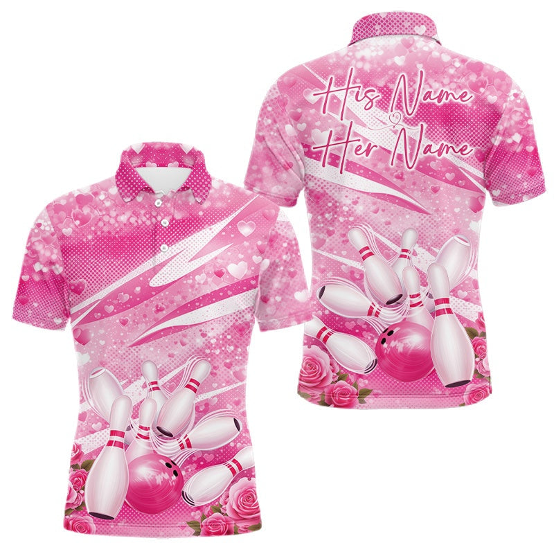 Blisscorners Custom Pink Heart Valentine Bowling Couples Shirt, Heart And Roses Bowling Husband And Wife Gifts With Name LM2201
