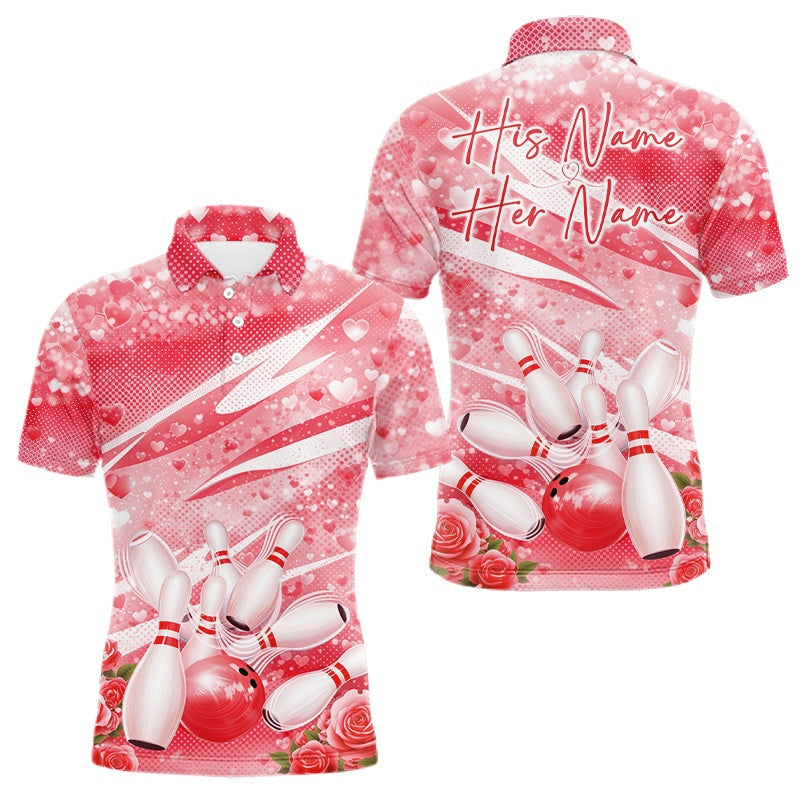 Blisscorners Custom Red Heart Valentine Bowling Couples Shirt, Heart And Roses Bowling Husband And Wife Gifts With Name LM2201