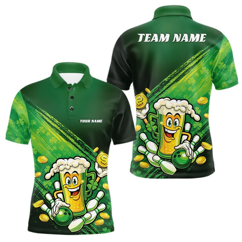 Blisscorners Custom Funny St Patricks Day Beer Bowling Team Shirts, Green Shamrock And Gold Coin Bowling Jerseys LM2201