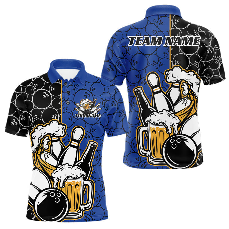 Blisscorners Custom Black And Blue Retro Bowling Beer Team Shirts For Men, Bowling Pattern Jerseys LM2201