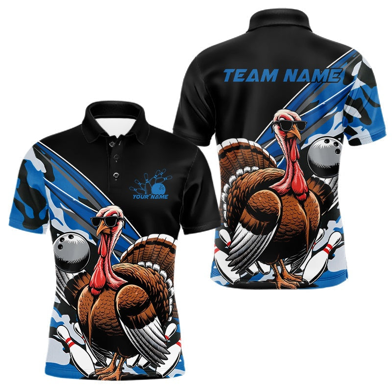 Blisscorners Custom Blue Camo Funny Turkey Bowling Team Shirt For Men, Turkey Bowling Jerseys LM2201