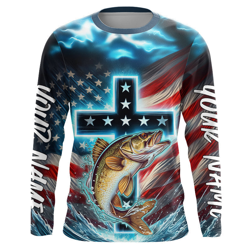 Blisscorners Custom Faith Walleye Patriotic Long Sleeve Tournament Fishing Shirt, Walleye Fishing Jersey LM0607