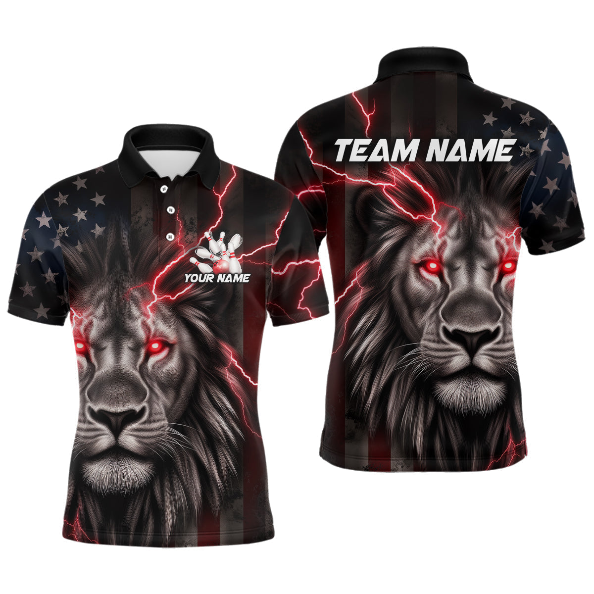 Blisscorners Custom Red Thunder Lightning Patriotic Lion Polo Shirts For Men, US Flag Bowling Jersey MT1706