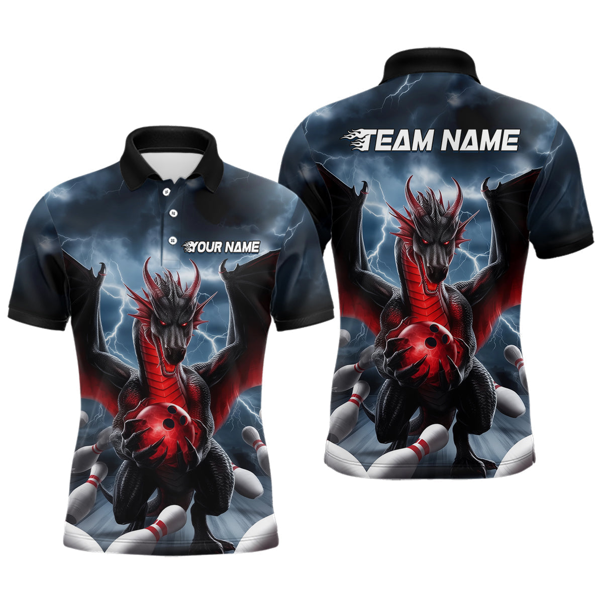 Blisscorners Custom Red Dragon Bowling Men Polo Shirts, Dragon Bowling Team Tournament Outfit