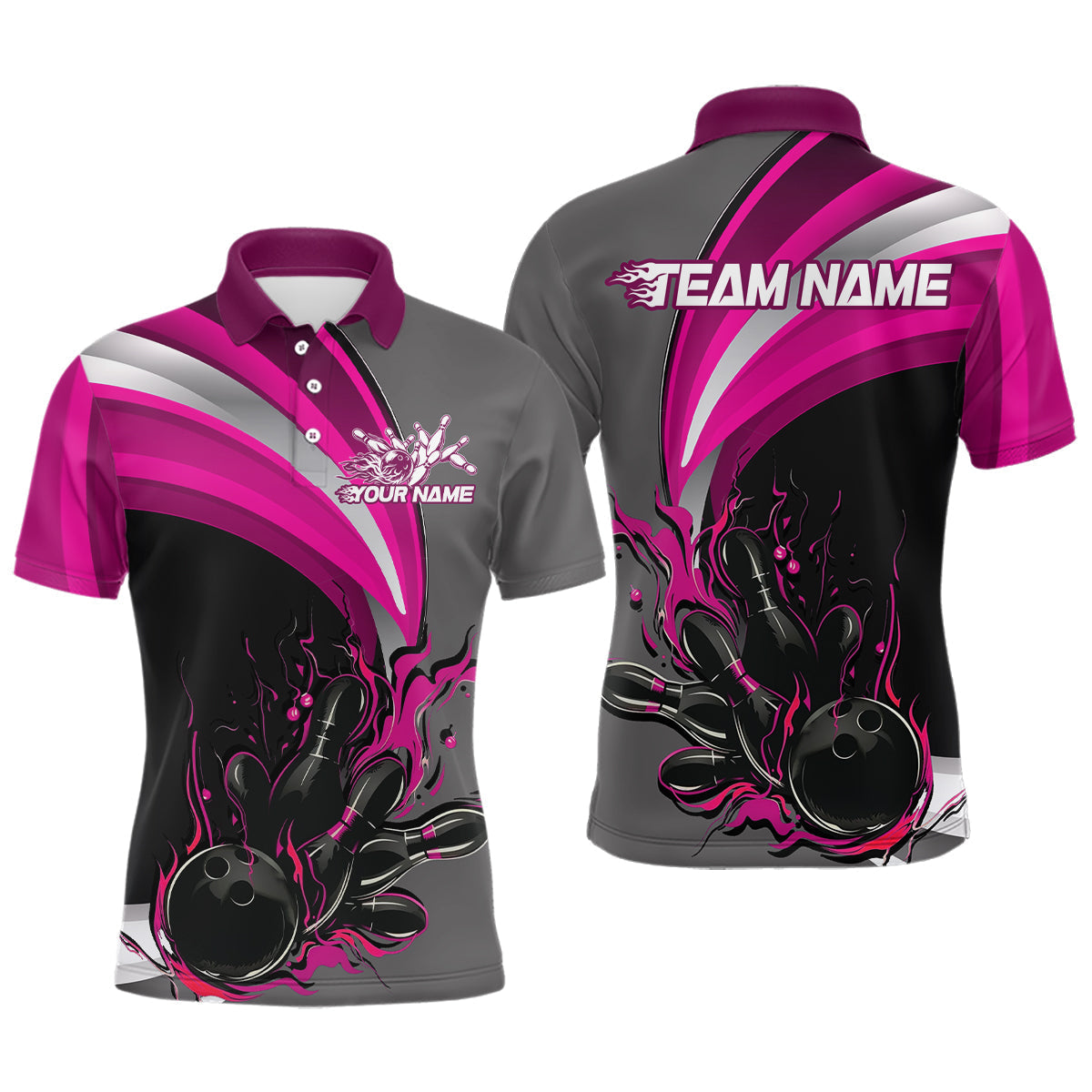 Blisscorners Custom Black, Pink And Gray Flame Bowling Polo Shirts For Men, Bowling Team League Shirt