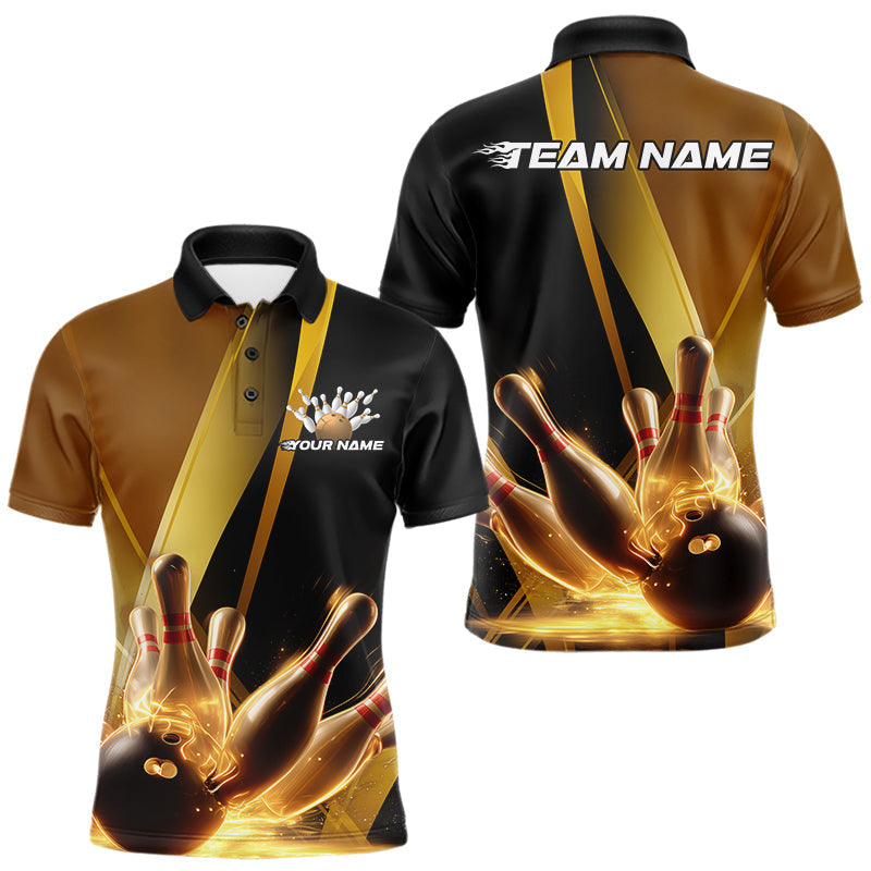 Blisscorners Custom Black And Glowing Gold Bowling Team Men Polo Shirts, Golden Bowling Jerseys MT1007