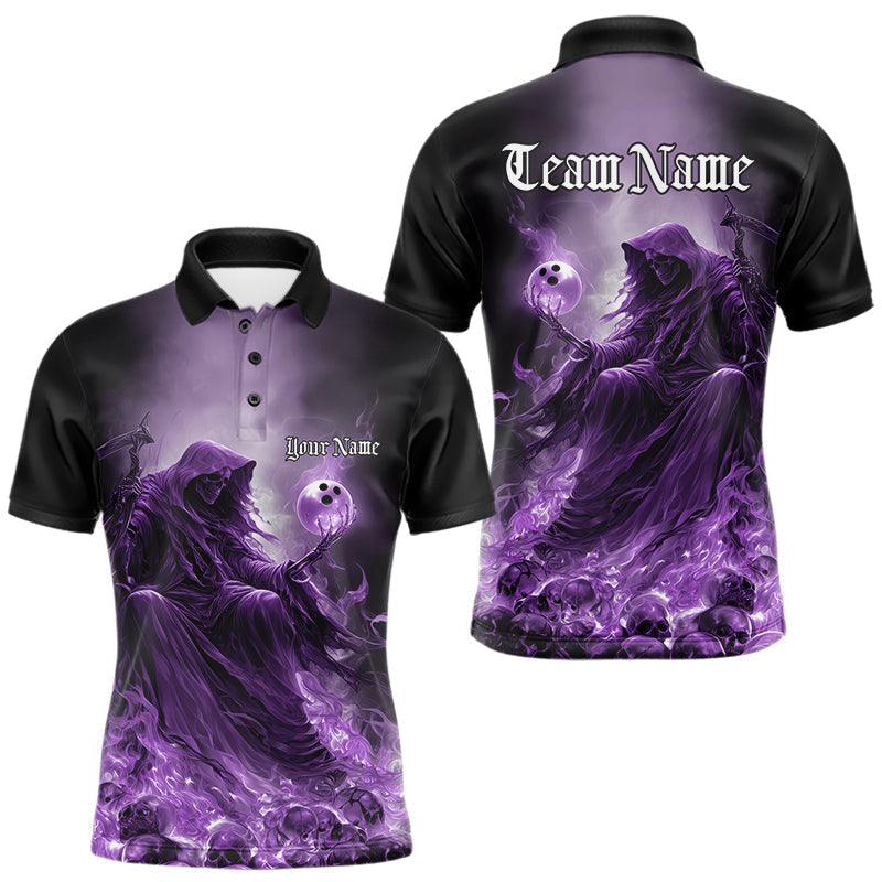 Blisscorners Custom Purple Flame Grim Reaper Bowling Men Polo Shirts, Halloween Bowling Team Outfit MT1007