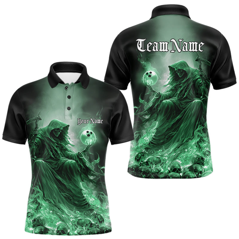 Blisscorners Custom Green Flame Grim Reaper Bowling Men Polo Shirts, Halloween Bowling Team Outfit MT1007
