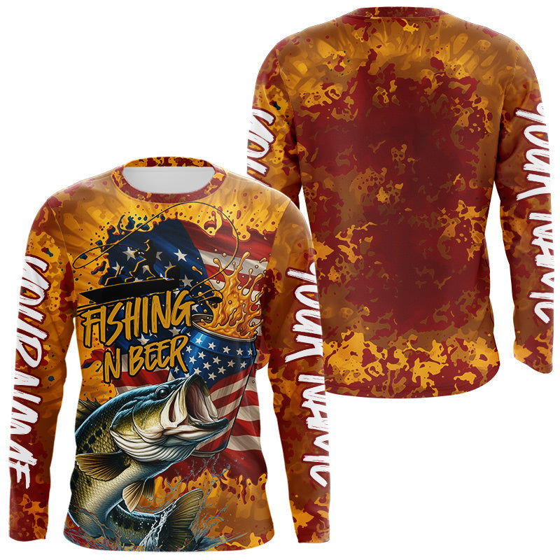 Blisscorners Custom US Flag Patriotic Largemouth Bass Fishing N Beer Long Sleeve Camo Fishing Shirts LM0607