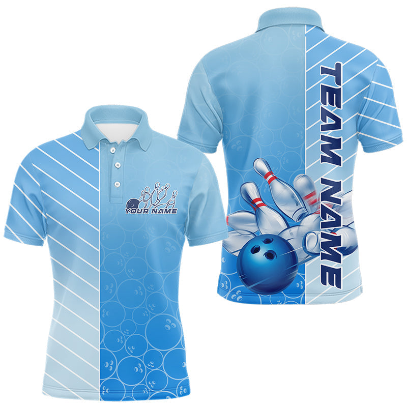 Maxxcorners Custom Gradient Blue Bowling Pattern Team Polo Shirts For Men, Bowling Tournament Shirt MT0307