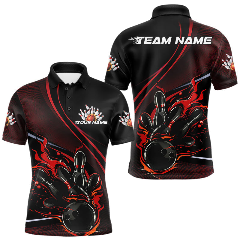 Maxxcorners Custom Black And Red Fire Flame Bowling Team Men Polo Shirts, Bowling Jerseys MT0307