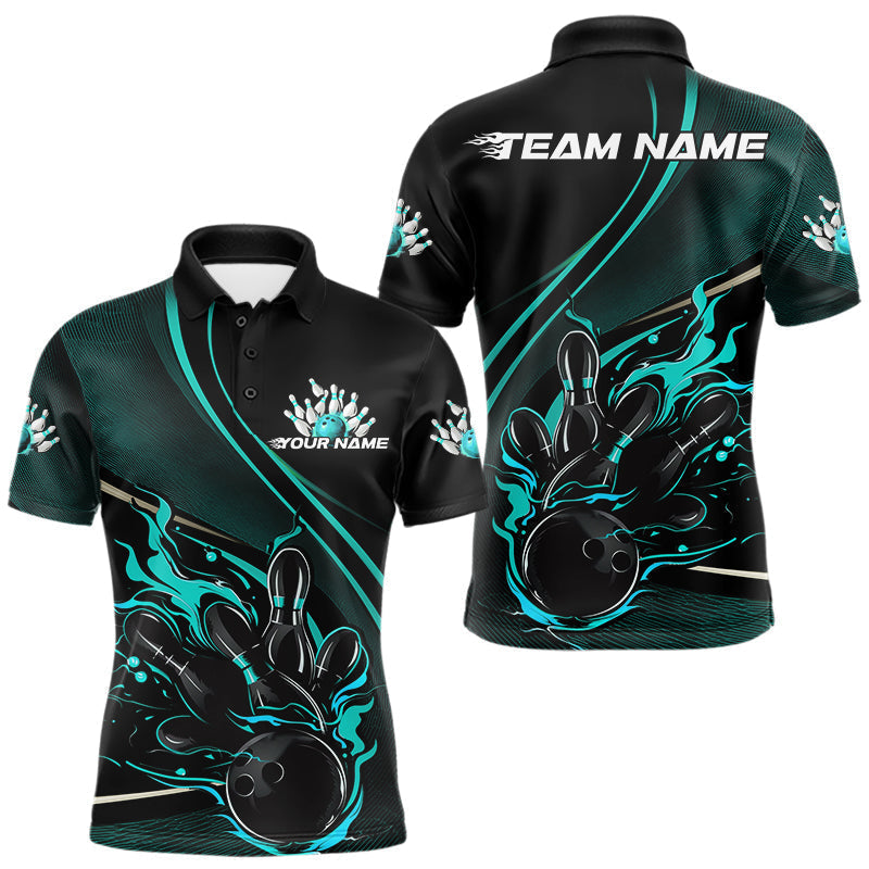 Maxxcorners Custom Black And Blue Fire Flame Bowling Team Men Polo Shirts, Bowling Jerseys MT0307