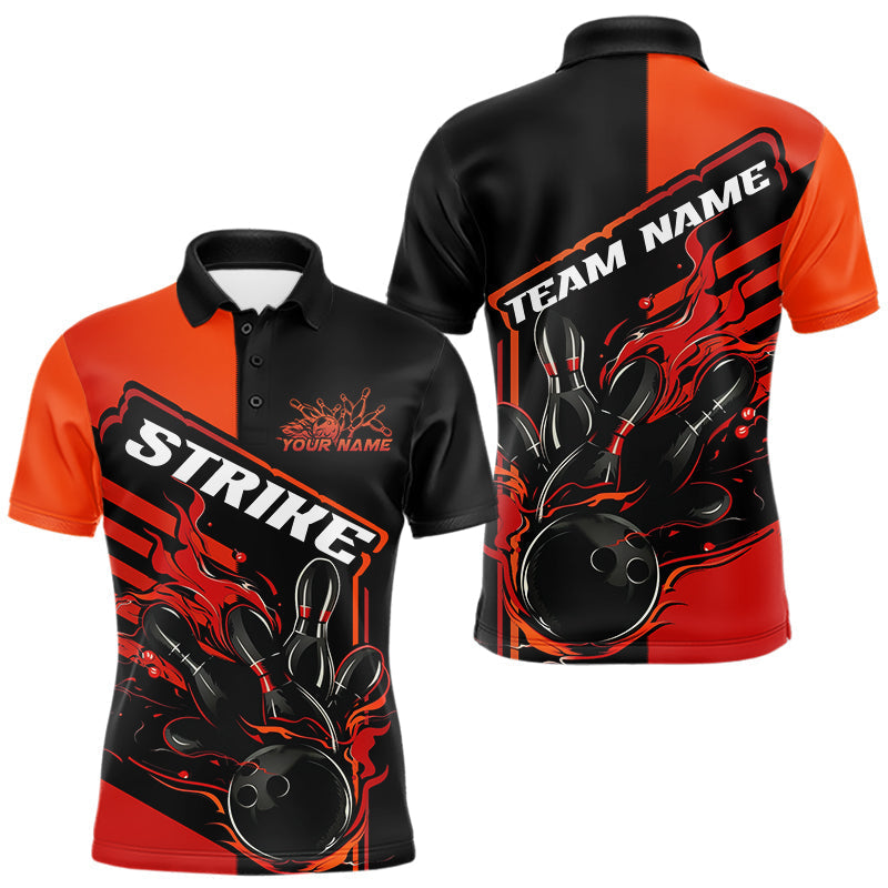 Blisscorners Custom Red Orange Flame Strike Bowling Polo Shirts For Men, Fire Bowling League Shirt