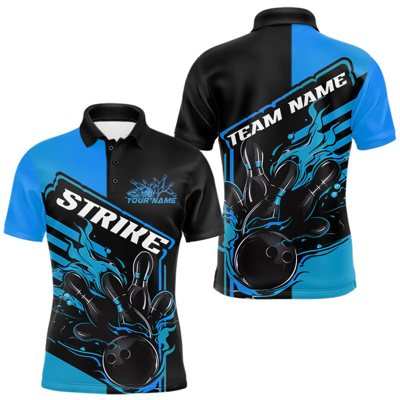 Blisscorners Custom Black And Blue Flame Strike Bowling Polo Shirts For Men, Fire Bowling League Shirt