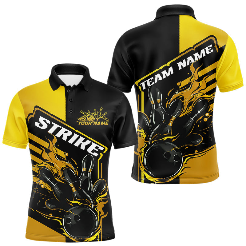 Blisscorners Custom Black And Gold Flame Strike Bowling Polo Shirts For Men, Fire Bowling League Shirt