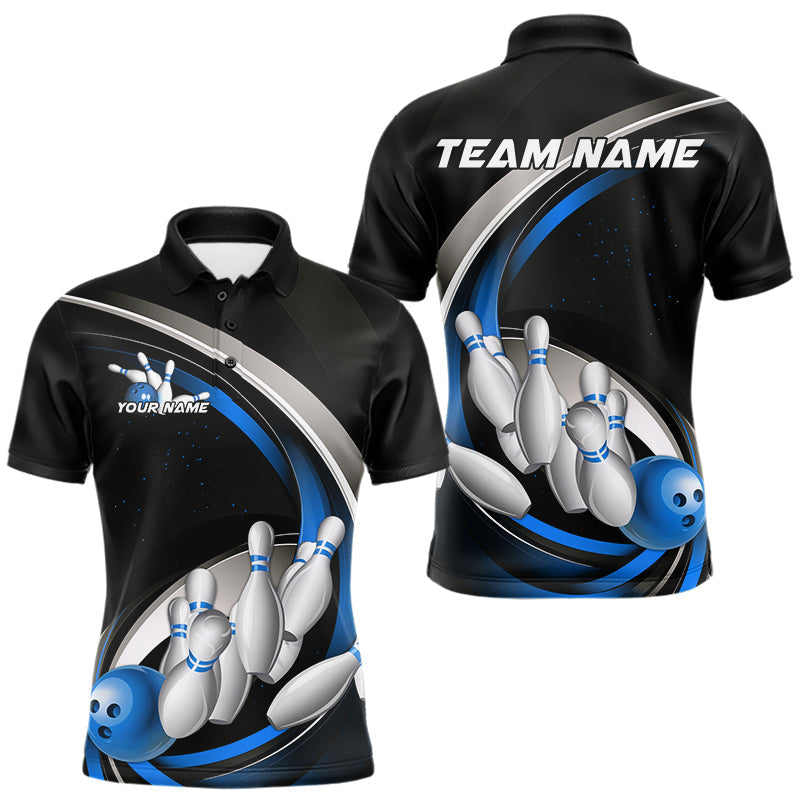 Blisscorners Custom Black Blue Bowling Team Jerseys, Bowler Uniform Bowling Polo Shirts For Men