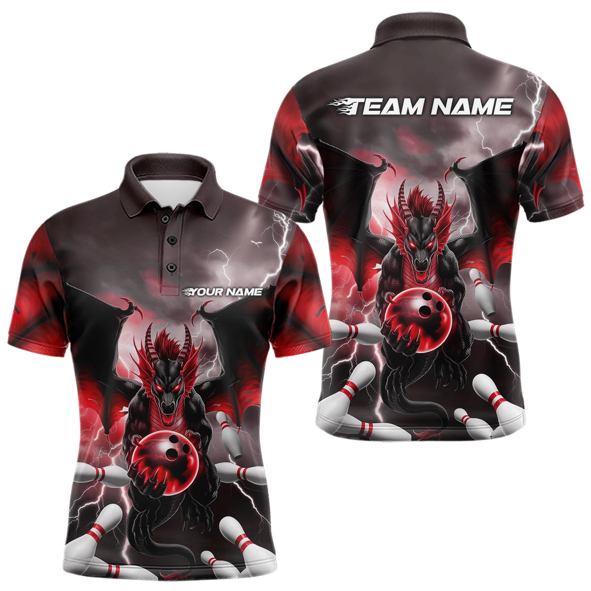 BlisscornersCustom Red Thunder Lightning Dragon Bowling Polo Shirts For Men, Team Uniform
