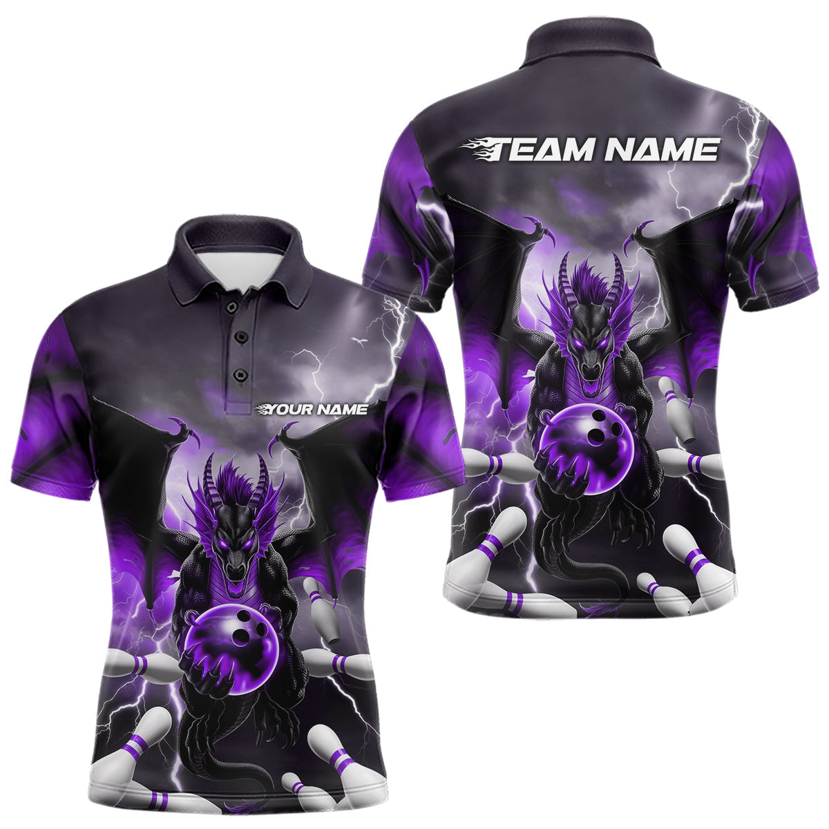 BlisscornersCustom Purple Thunder Lightning Dragon Bowling Polo Shirts For Men, Team Uniform
