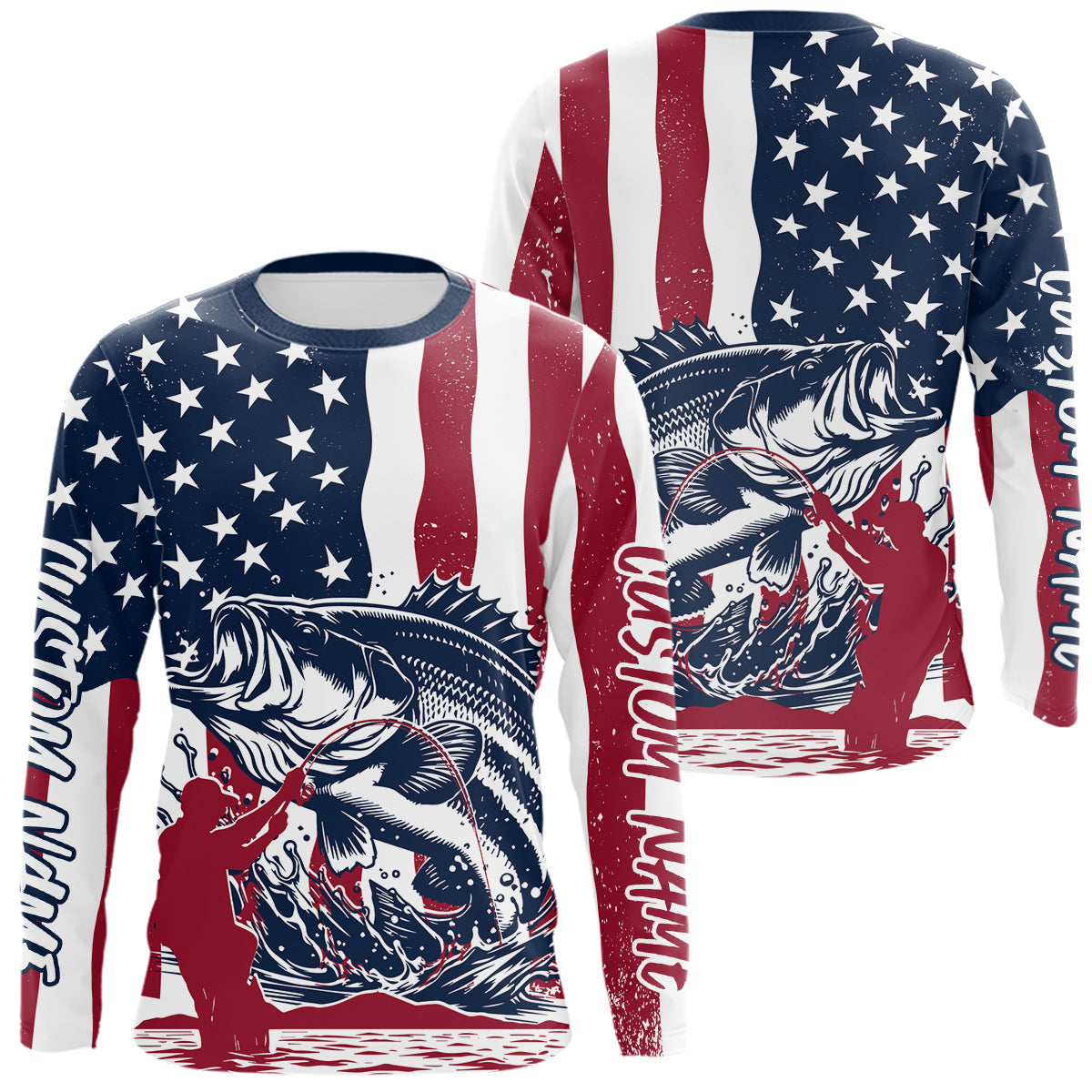 Blisscorners Custom Patriotic Largemouth Bass Long Sleeve Fishing Shirt, American Flag Fishing Jerseys LM0607