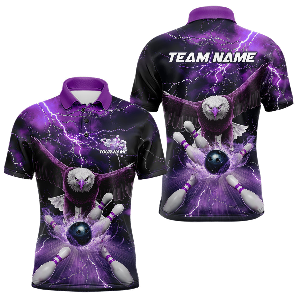 Blisscorners Custom Purple Thunder Lightning Eagle Bowling Polo Shirts For Men, Eagle Bowling Jerseys MT2306
