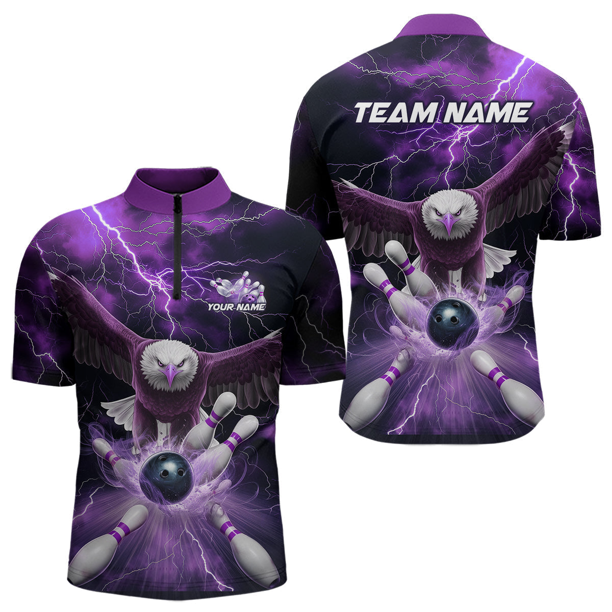 Blisscorners Custom Purple Thunder Lightning Eagle Bowling Polo Shirts For Men, Eagle Bowling Jerseys MT2306