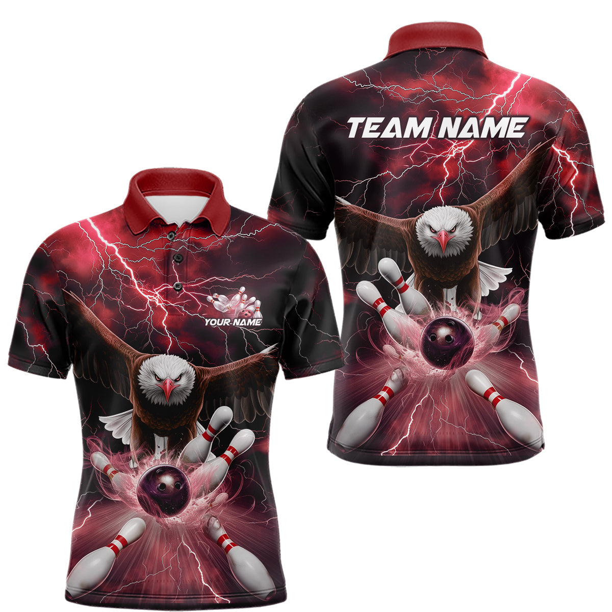 Blisscorners Custom Red Thunder Lightning Eagle Bowling Polo Shirts For Men, Eagle Bowling Jerseys MT2306