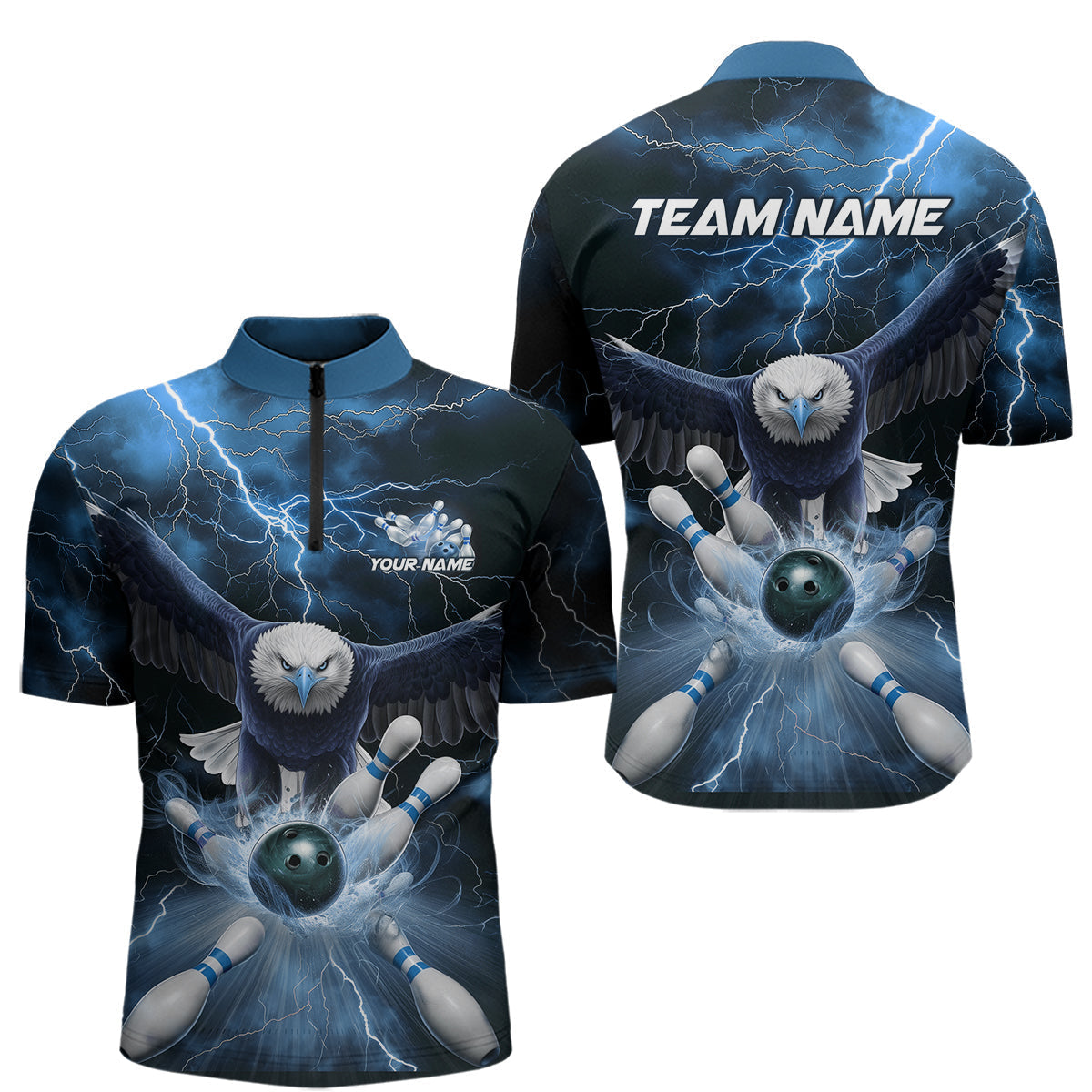 Blisscorners Custom Blue Thunder Lightning Eagle Bowling Polo Shirts For Men, Eagle Bowling Jerseys MT2306