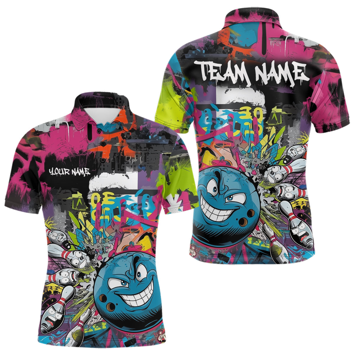 Blisscorners Custom Funny Graffity Colorful Bowling Polo Shirts For Men, Bowling Tournament Shirt LM3006